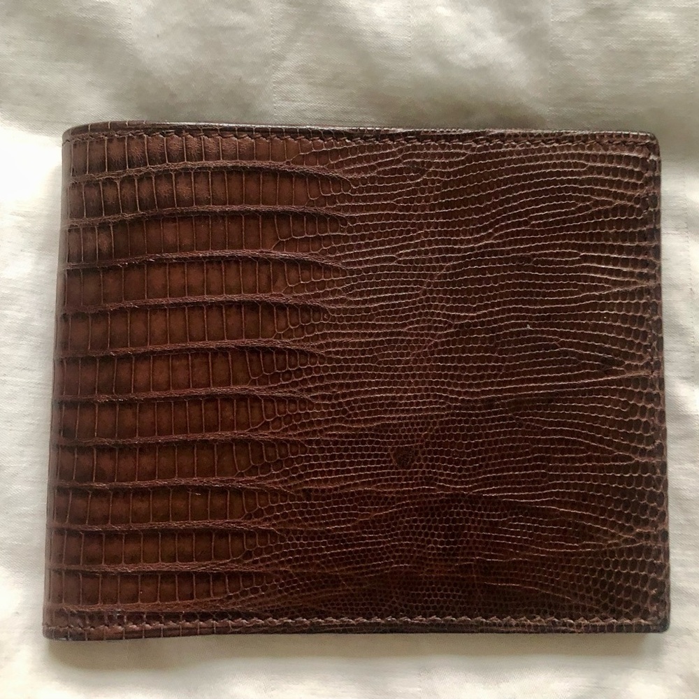 NEW Salvatore Ferragamo mens brown lizard print embossed leather billfold wallet